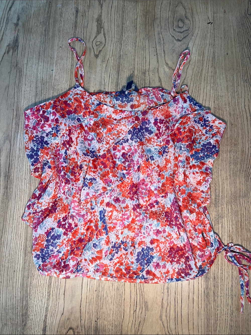 American Eagle Floral Spaghetti Strap Cami Top Ruffle - Red & Purple Large